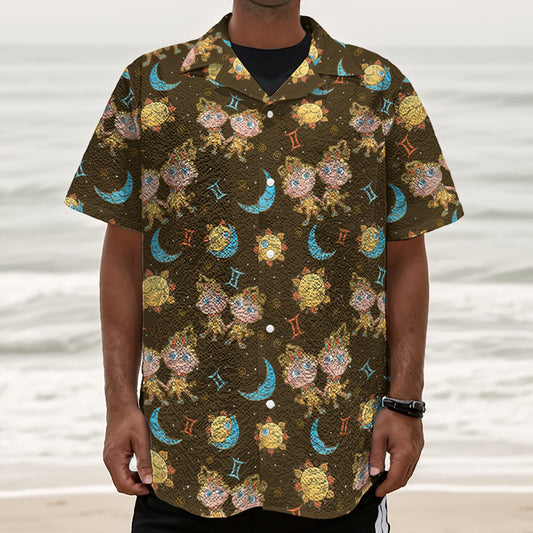 Cute Cartoon Gemini Pattern Print Textured Short Sleeve Shirt
