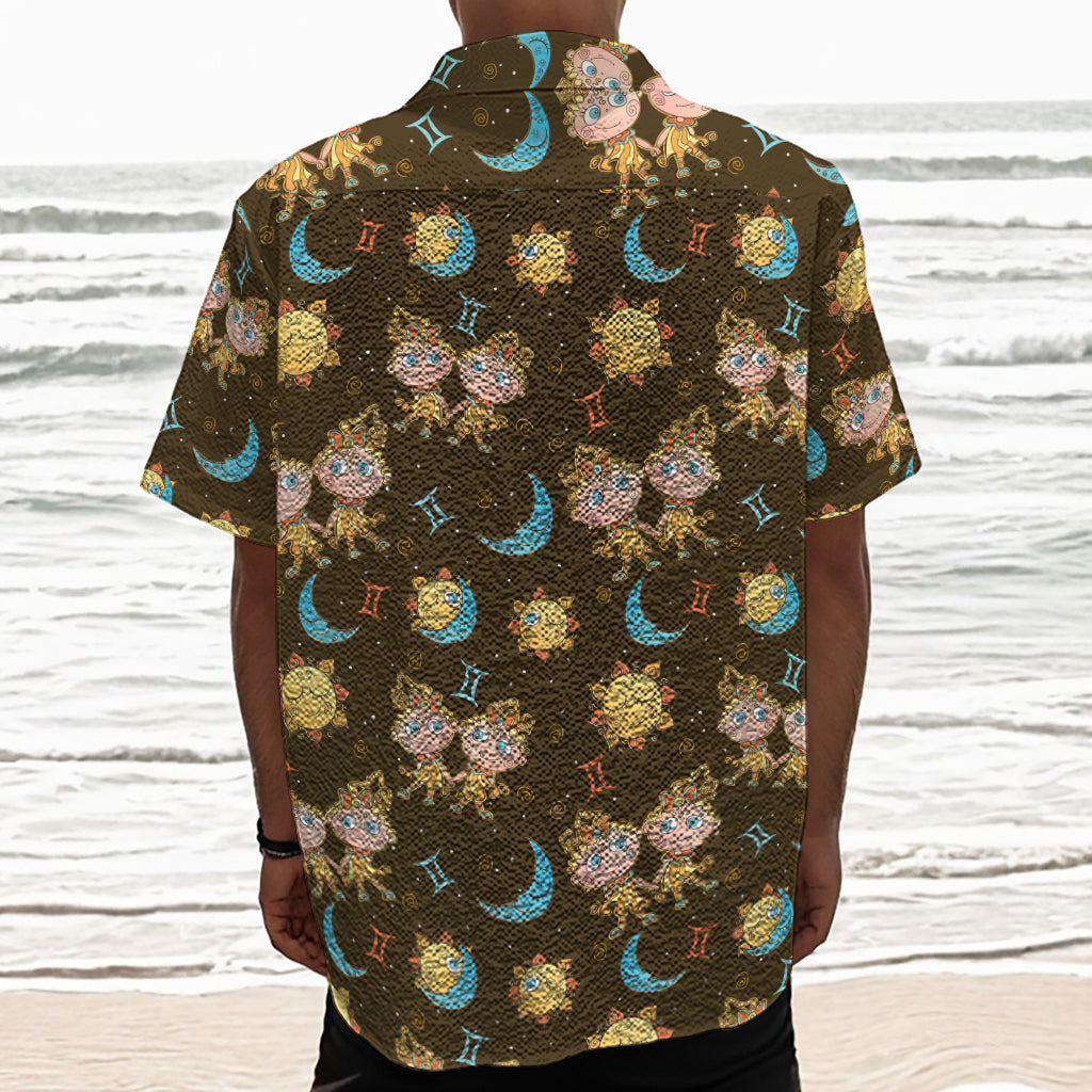 Cute Cartoon Gemini Pattern Print Textured Short Sleeve Shirt
