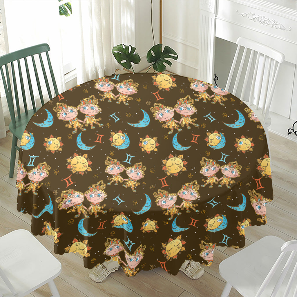 Cute Cartoon Gemini Pattern Print Waterproof Round Tablecloth
