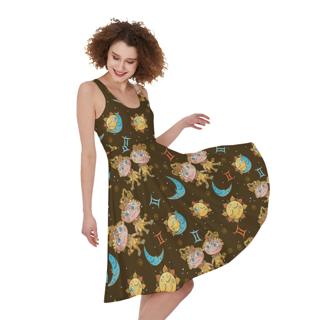 Cute Cartoon Gemini Pattern Print Women's Sleeveless Dress