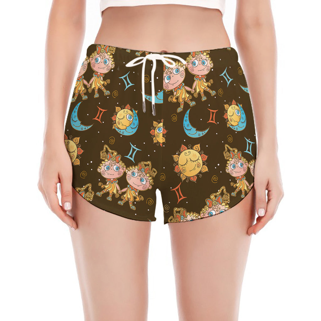 Cute Cartoon Gemini Pattern Print Women's Split Running Shorts