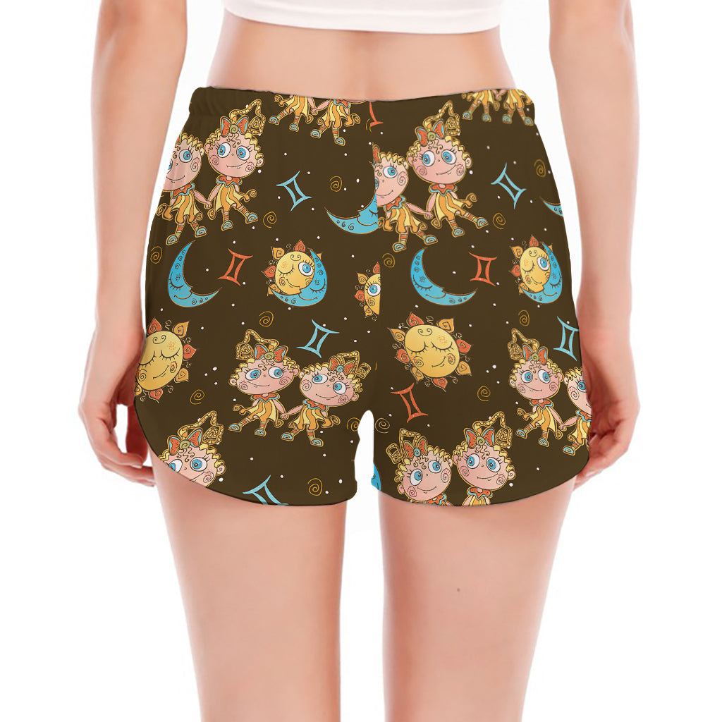 Cute Cartoon Gemini Pattern Print Women's Split Running Shorts