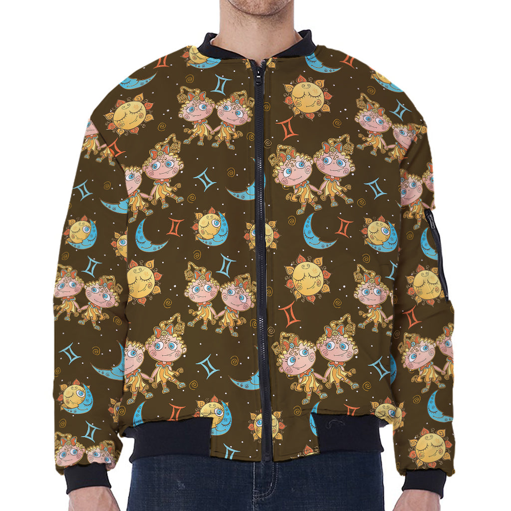 Cute Cartoon Gemini Pattern Print Zip Sleeve Bomber Jacket