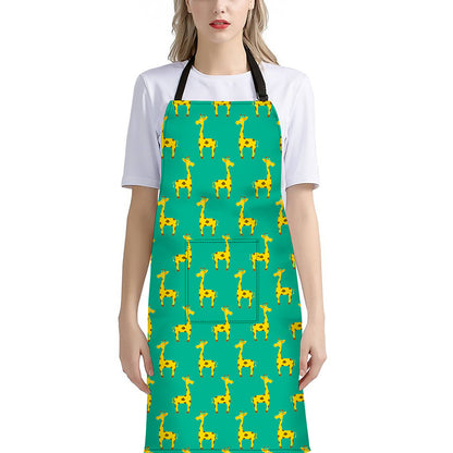 Cute Cartoon Giraffe Pattern Print Bib Apron With Pocket