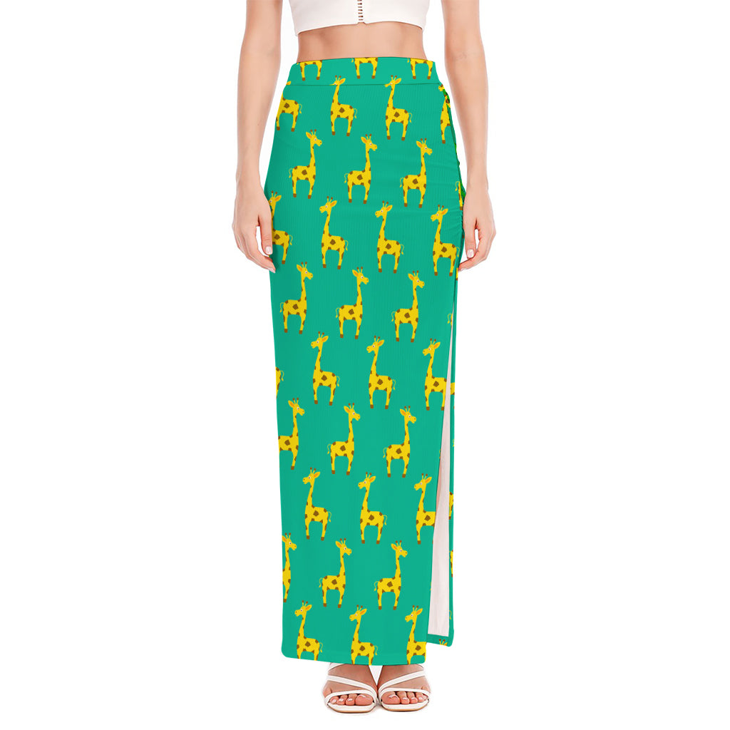 Cute Cartoon Giraffe Pattern Print High Slit Maxi Skirt