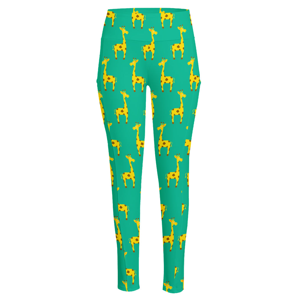 Cute Cartoon Giraffe Pattern Print High-Waisted Pocket Leggings