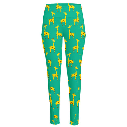 Cute Cartoon Giraffe Pattern Print High-Waisted Pocket Leggings