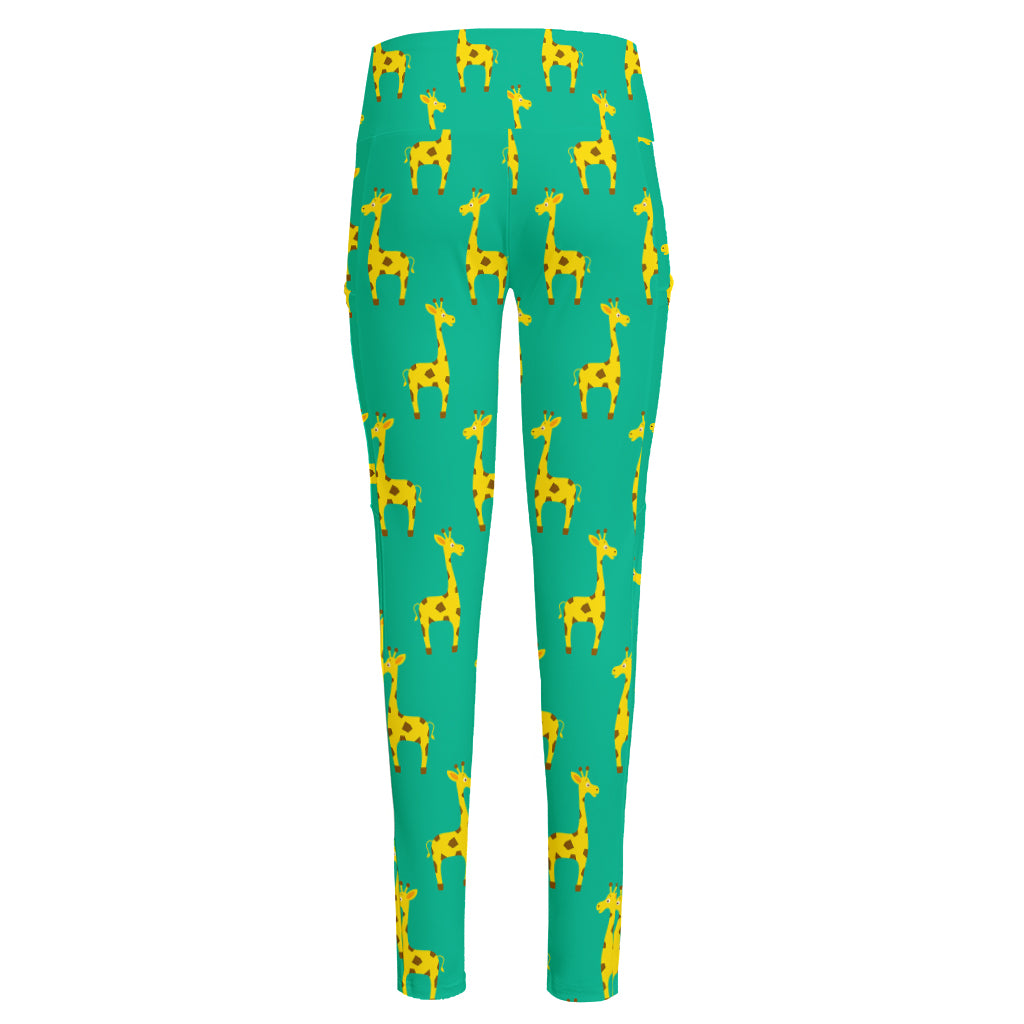 Cute Cartoon Giraffe Pattern Print High-Waisted Pocket Leggings