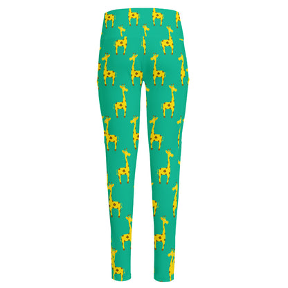 Cute Cartoon Giraffe Pattern Print High-Waisted Pocket Leggings