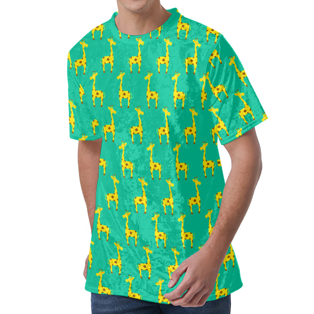 Cute Cartoon Giraffe Pattern Print Men's Velvet T-Shirt
