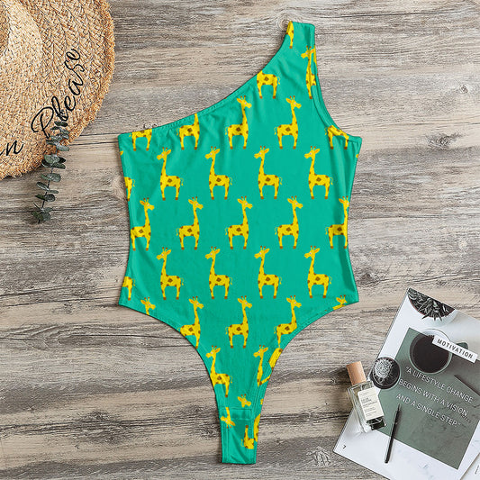 Cute Cartoon Giraffe Pattern Print One Shoulder Bodysuit