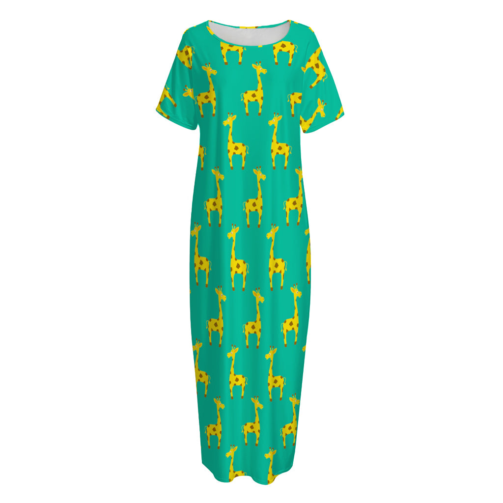 Cute Cartoon Giraffe Pattern Print Short Sleeve Long Nightdress