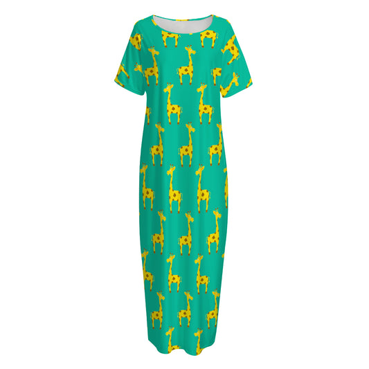 Cute Cartoon Giraffe Pattern Print Short Sleeve Long Nightdress