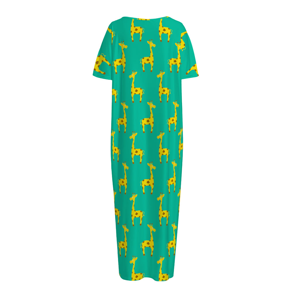 Cute Cartoon Giraffe Pattern Print Short Sleeve Long Nightdress