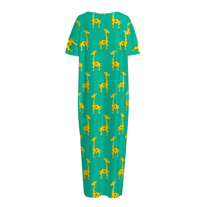 Cute Cartoon Giraffe Pattern Print Short Sleeve Long Nightdress