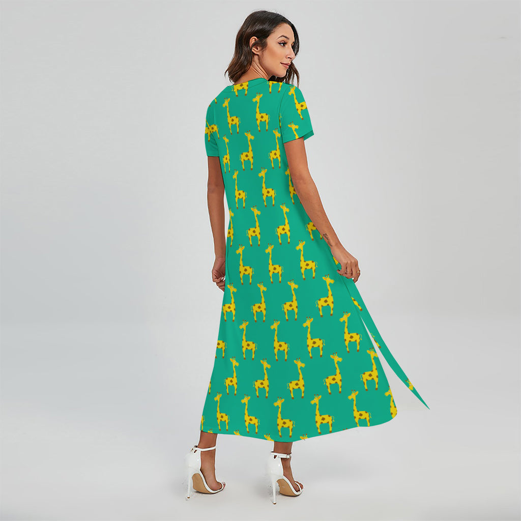 Cute Cartoon Giraffe Pattern Print Short Sleeve Maxi Dress