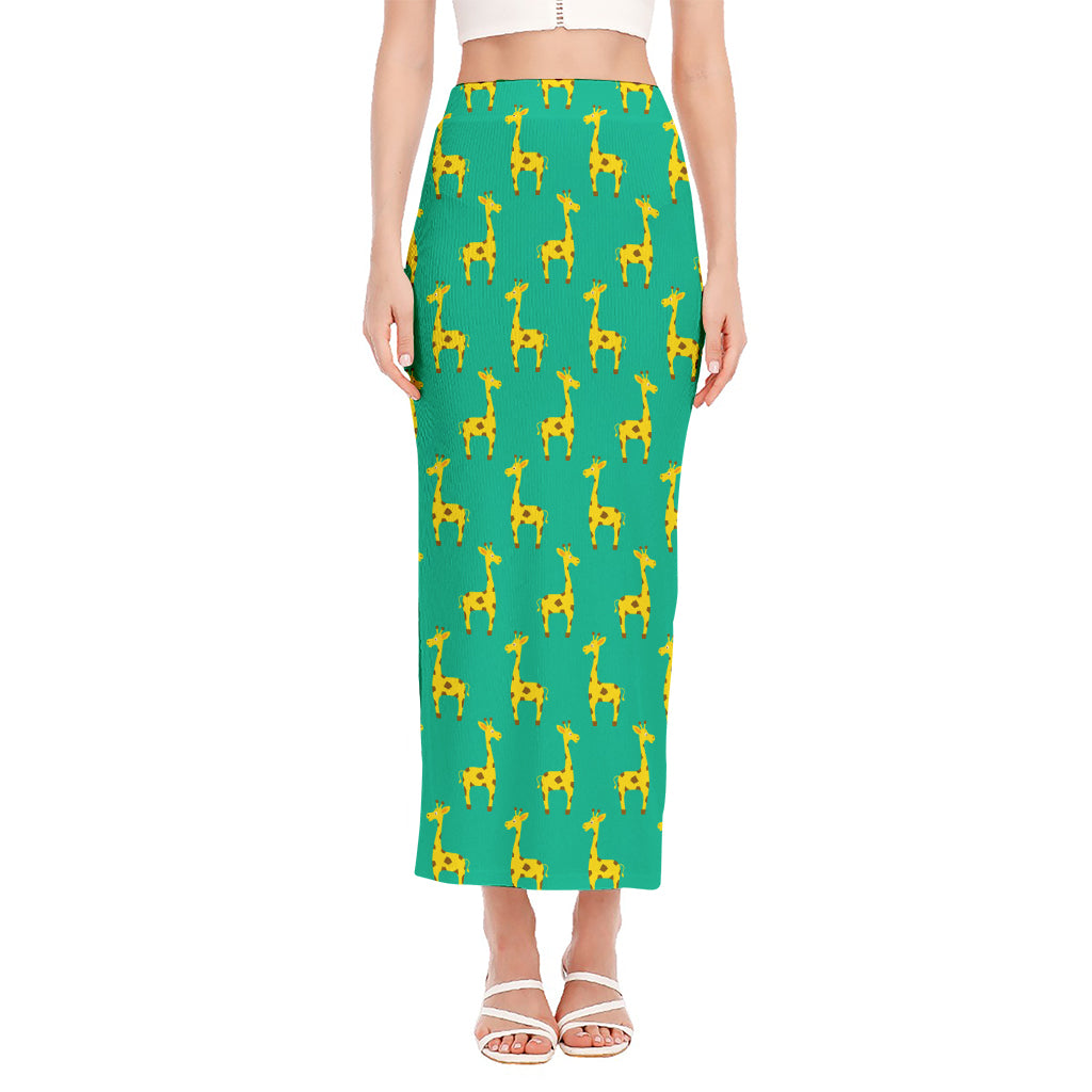 Cute Cartoon Giraffe Pattern Print Side Slit Maxi Skirt