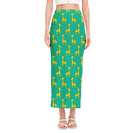 Cute Cartoon Giraffe Pattern Print Side Slit Maxi Skirt