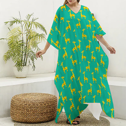 Cute Cartoon Giraffe Pattern Print Silk V-Neck Kaftan Dress
