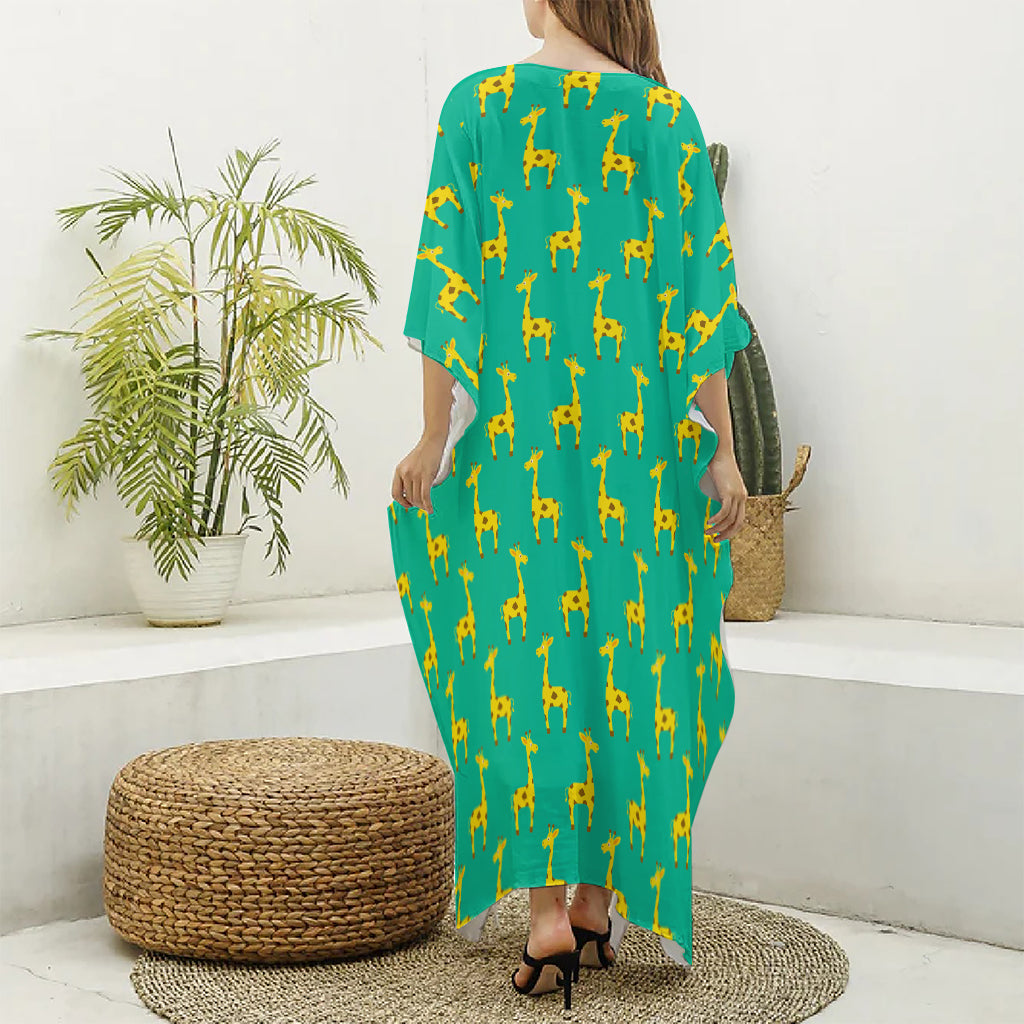 Cute Cartoon Giraffe Pattern Print Silk V-Neck Kaftan Dress