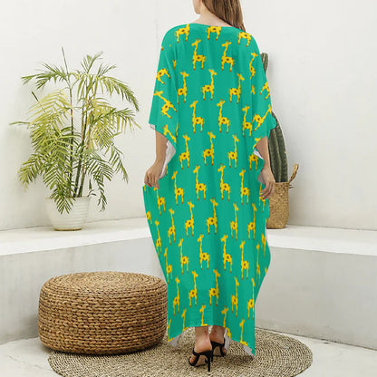 Cute Cartoon Giraffe Pattern Print Silk V-Neck Kaftan Dress