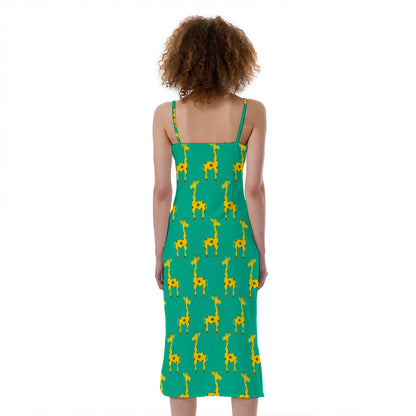 Cute Cartoon Giraffe Pattern Print Slim Fit Midi Cami Dress