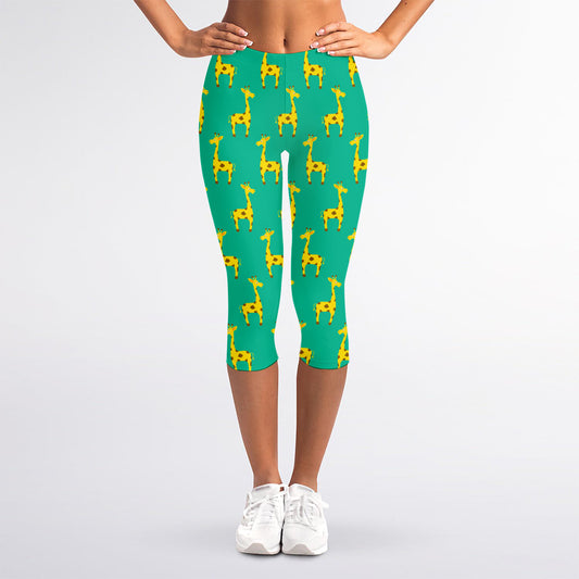 Cute Cartoon Giraffe Pattern Print Women's Capri Leggings