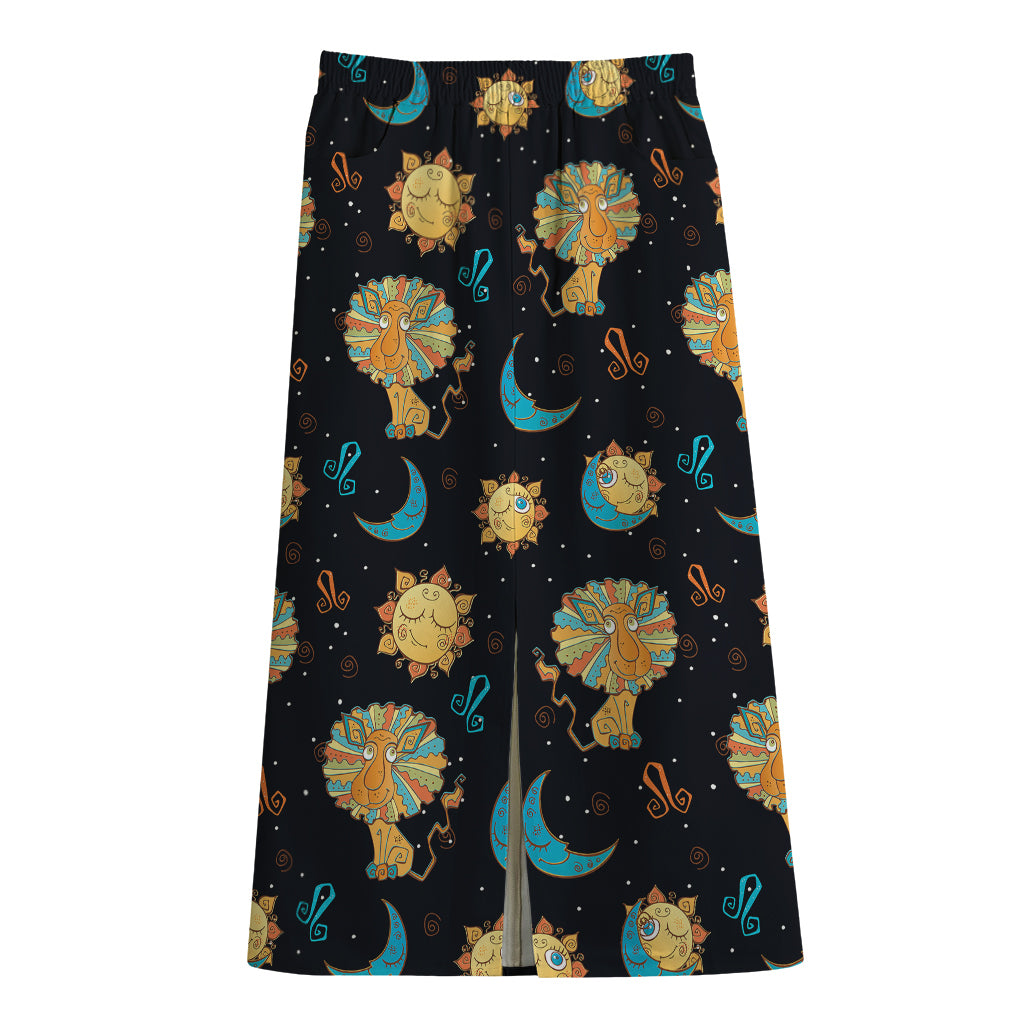 Cute Cartoon Leo Pattern Print Cotton Front Slit Maxi Skirt