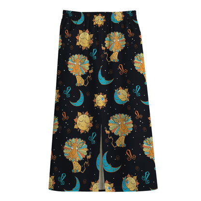 Cute Cartoon Leo Pattern Print Cotton Front Slit Maxi Skirt