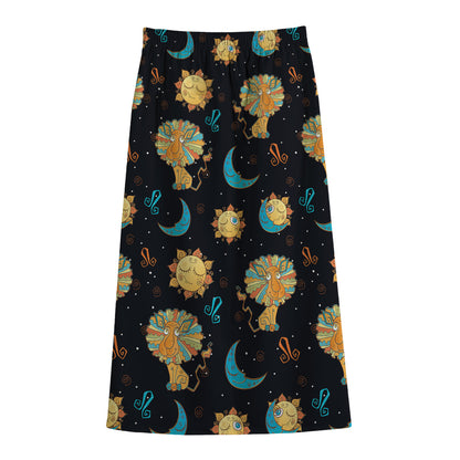 Cute Cartoon Leo Pattern Print Cotton Front Slit Maxi Skirt