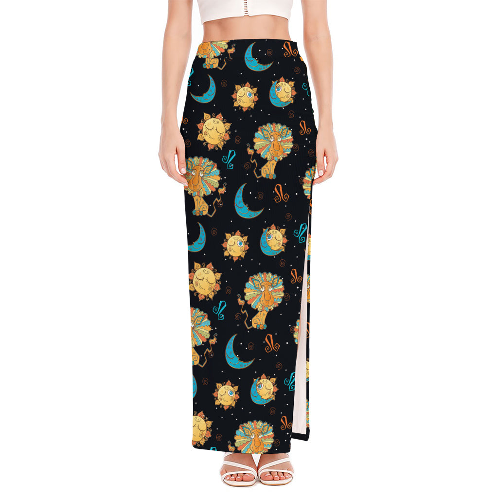 Cute Cartoon Leo Pattern Print High Slit Maxi Skirt