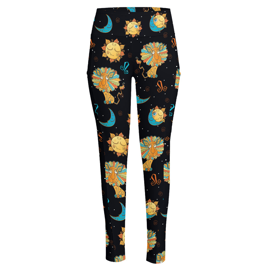 Cute Cartoon Leo Pattern Print High-Waisted Pocket Leggings