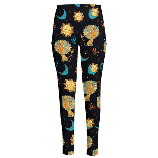 Cute Cartoon Leo Pattern Print High-Waisted Pocket Leggings