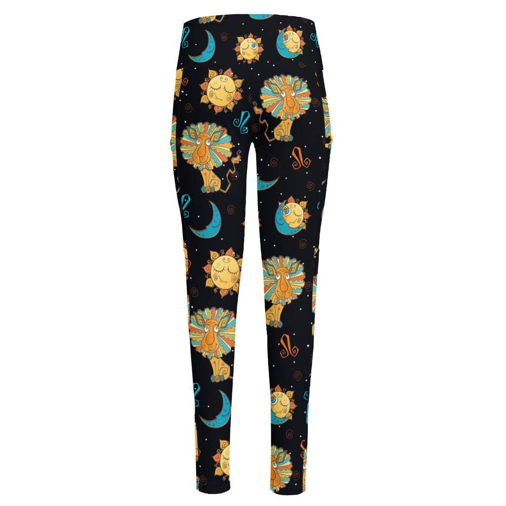 Cute Cartoon Leo Pattern Print High-Waisted Pocket Leggings