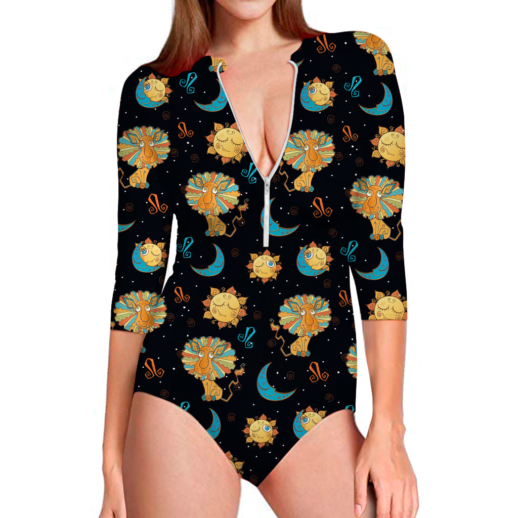 Cute Cartoon Leo Pattern Print Long Sleeve Swimsuit