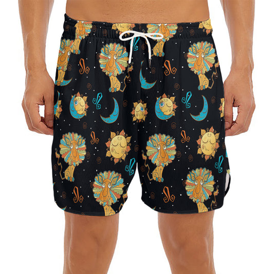 Cute Cartoon Leo Pattern Print Men's Split Running Shorts