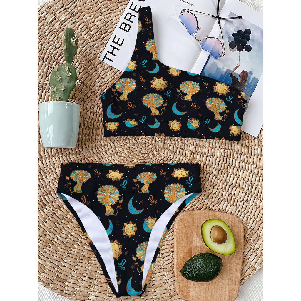 Cute Cartoon Leo Pattern Print One Shoulder Bikini Top