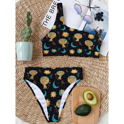 Cute Cartoon Leo Pattern Print One Shoulder Bikini Top