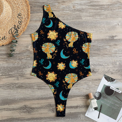 Cute Cartoon Leo Pattern Print One Shoulder Bodysuit