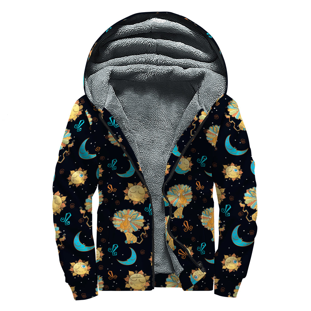 Cute Cartoon Leo Pattern Print Sherpa Lined Zip Up Hoodie
