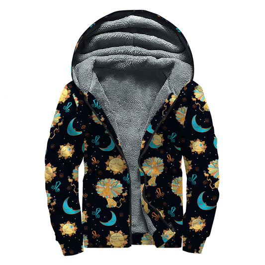 Cute Cartoon Leo Pattern Print Sherpa Lined Zip Up Hoodie