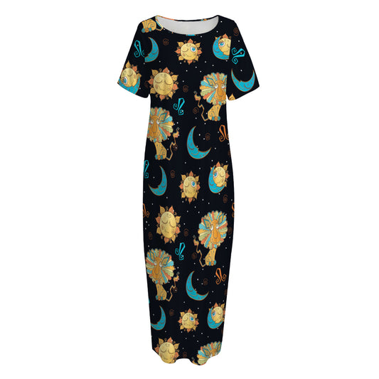 Cute Cartoon Leo Pattern Print Short Sleeve Long Nightdress