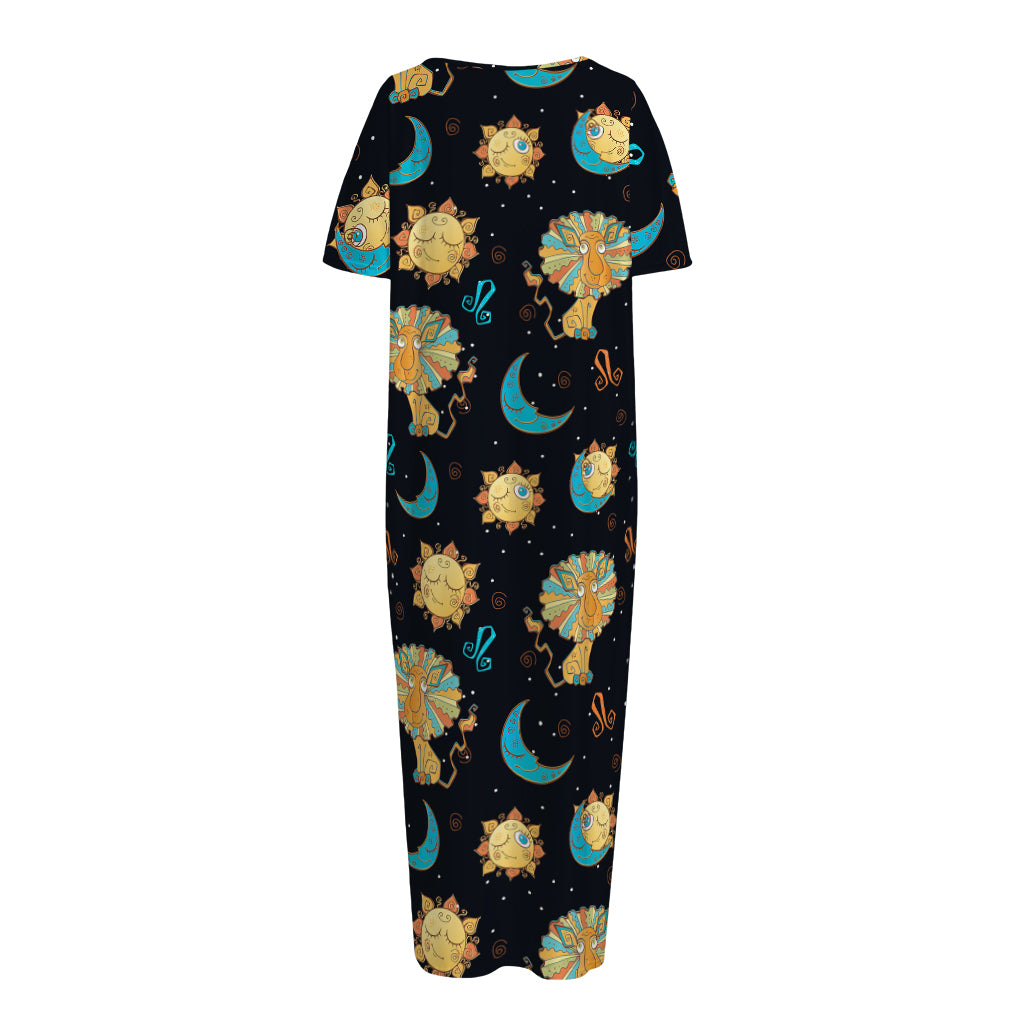 Cute Cartoon Leo Pattern Print Short Sleeve Long Nightdress
