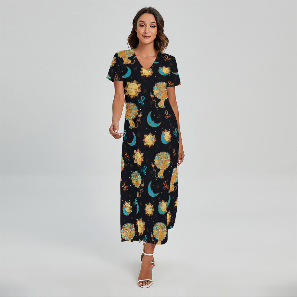 Cute Cartoon Leo Pattern Print Short Sleeve Maxi Dress