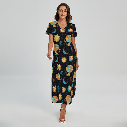 Cute Cartoon Leo Pattern Print Short Sleeve Maxi Dress