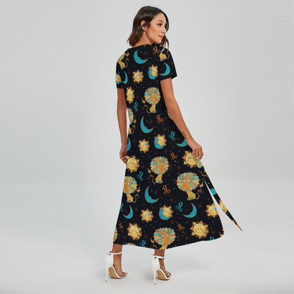 Cute Cartoon Leo Pattern Print Short Sleeve Maxi Dress