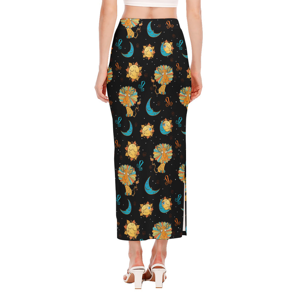 Cute Cartoon Leo Pattern Print Side Slit Maxi Skirt