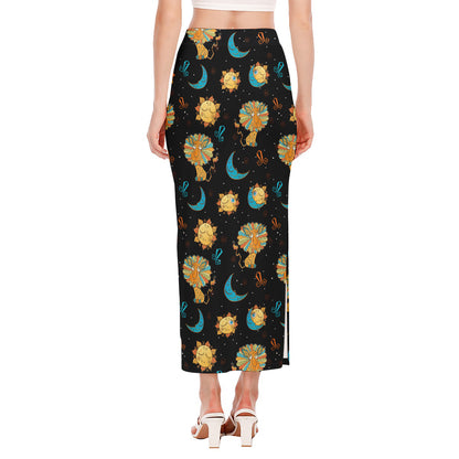 Cute Cartoon Leo Pattern Print Side Slit Maxi Skirt