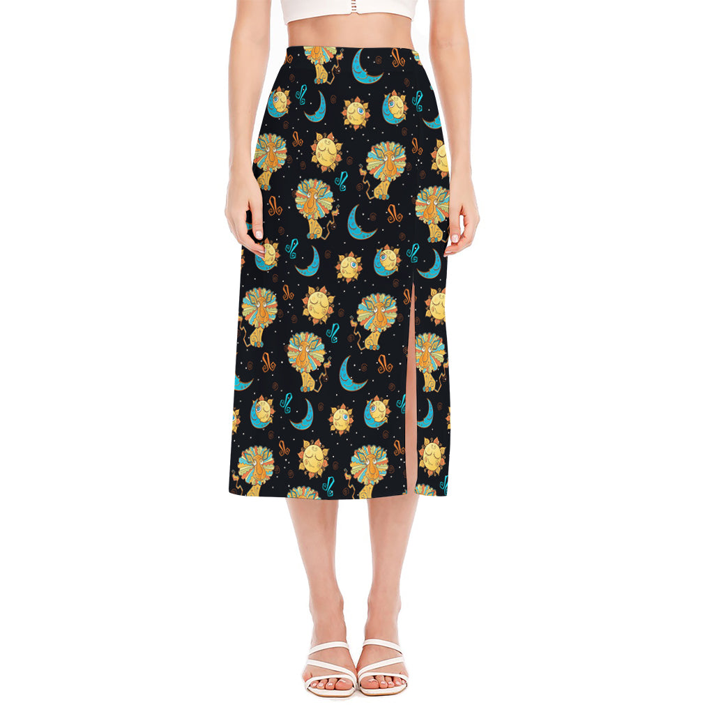 Cute Cartoon Leo Pattern Print Side Slit Midi Skirt