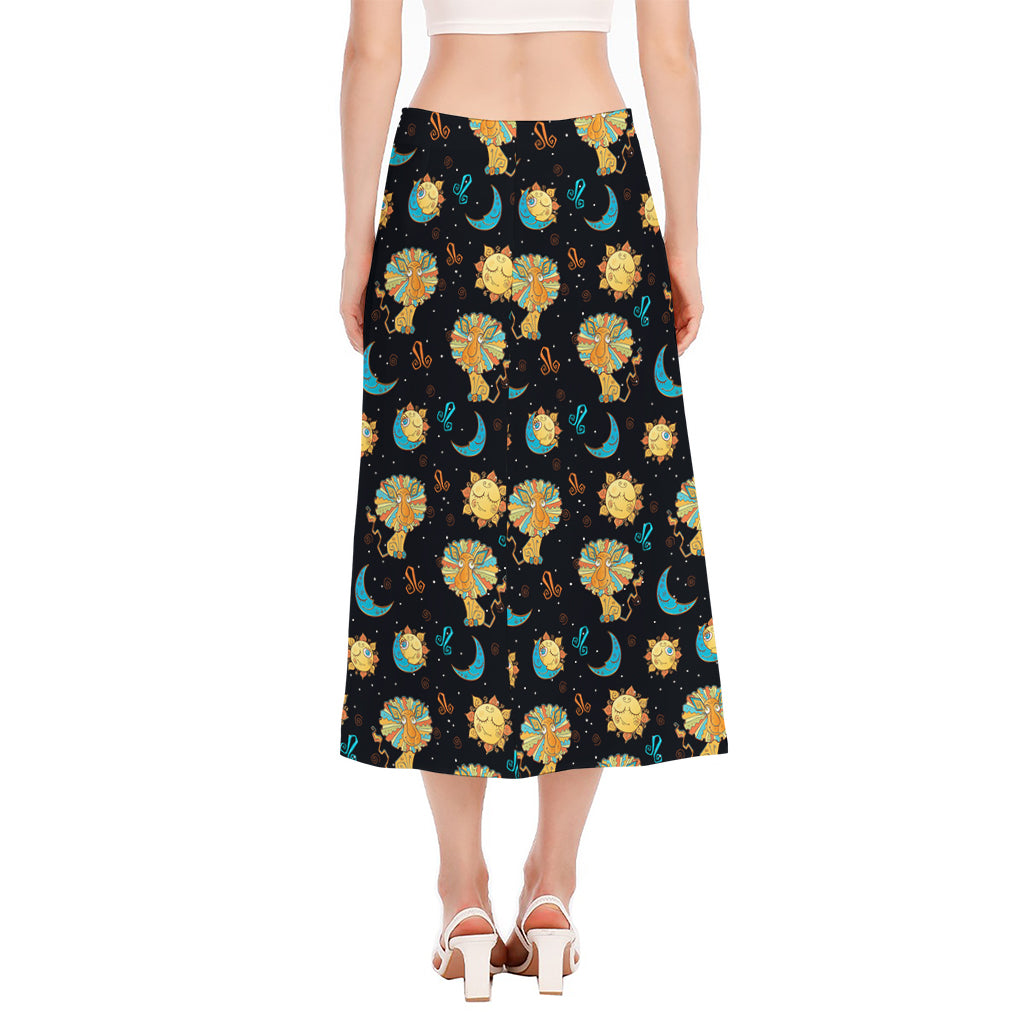 Cute Cartoon Leo Pattern Print Side Slit Midi Skirt